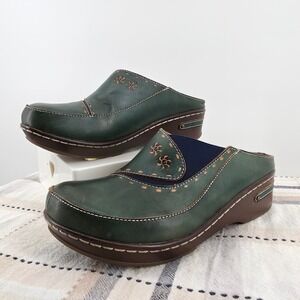 L'Artiste Spring Step Chino-N Green Leather Clogs Mules Sun Cutout Womens 9 EU40